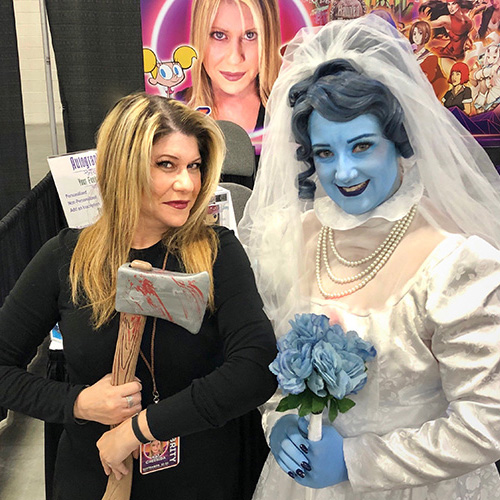 Kat Cressida with fan dressed as 'The Black Widow Bride' Constance Hatchaway